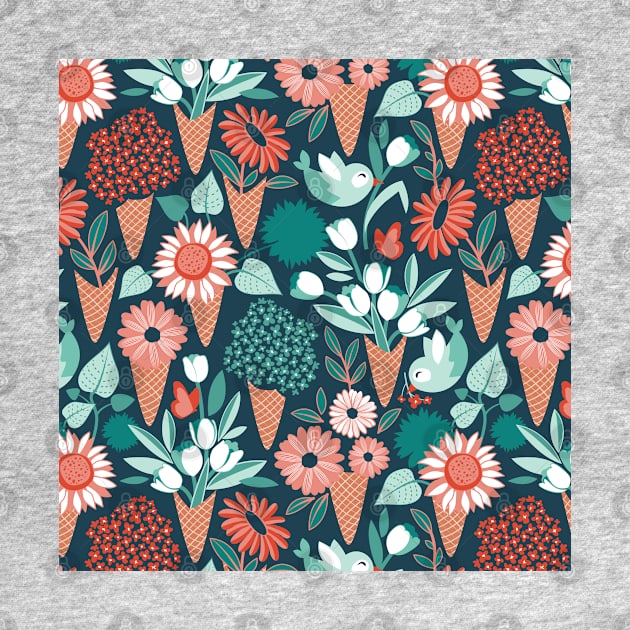 Midsummer I scream flower cones // pattern // green background green aqua and orange flowers bouquets by SelmaCardoso